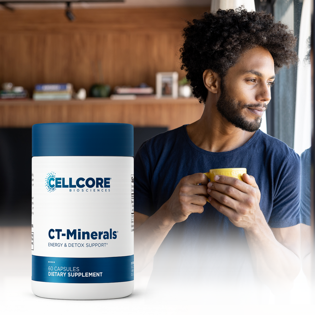 Official CellCore lifestyle image with CT-Minerals and a man holding a mug