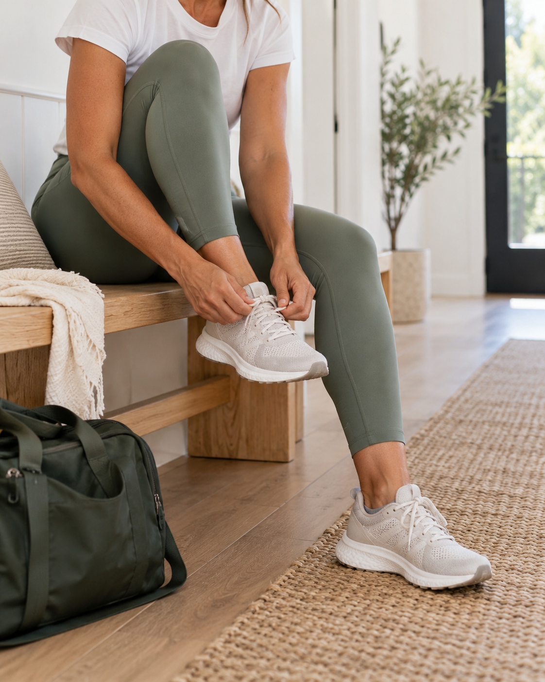 Woman tying her trainers beside a green gym bag in a bright home