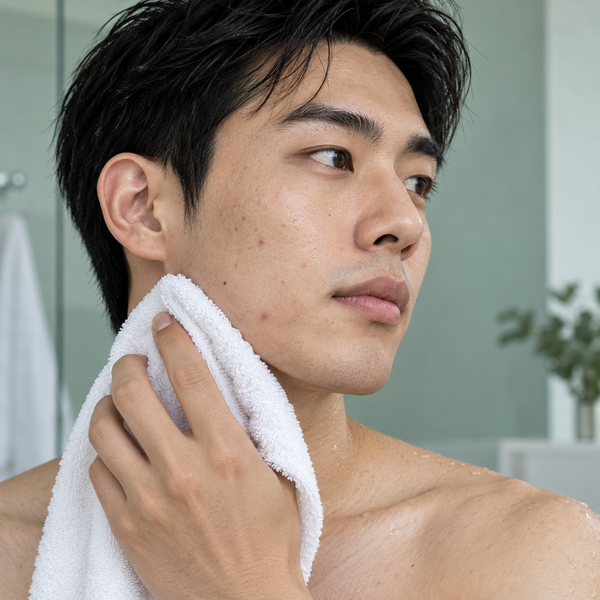 Young man gently pressing a washcloth to his cheek