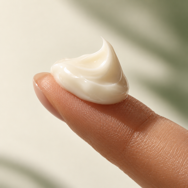 Glossy dab of skincare cream on a fingertip