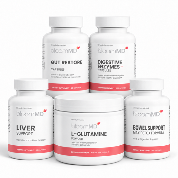 BloomMD Gut Reset Complete five-product kit with Bowel Support — Max Detox Formula