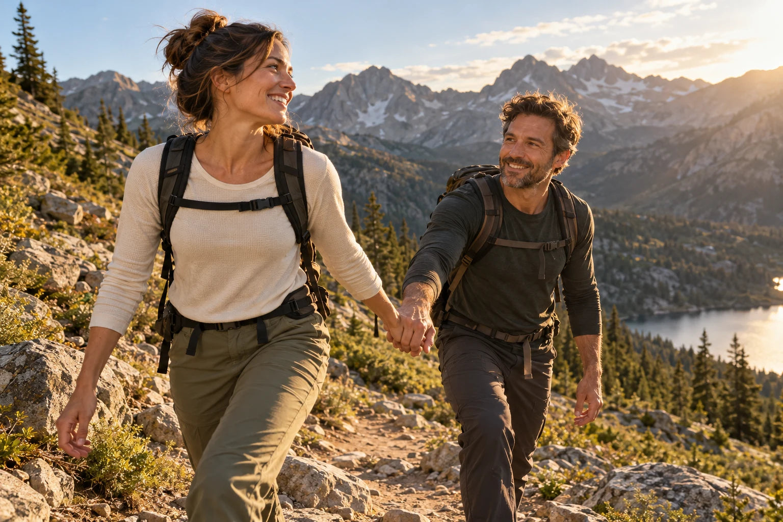 A couple holding hands while hiking a sunlit mountain trail